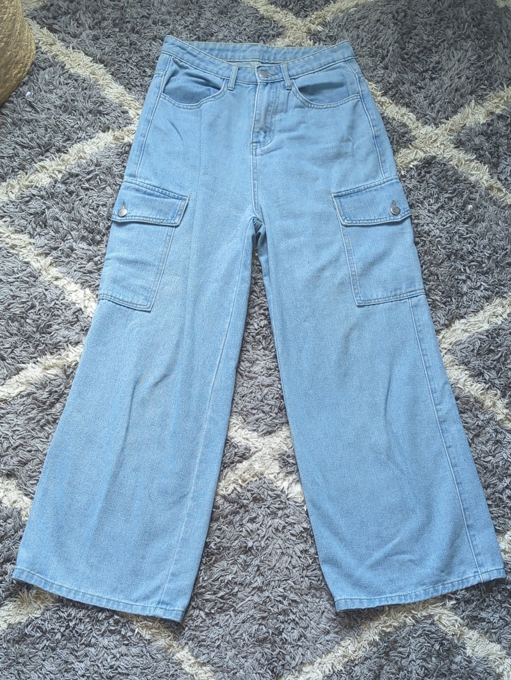 Light Blue Wide-Leg Denim Cargo Jeans High Rise Baggy Fit Size XS 26